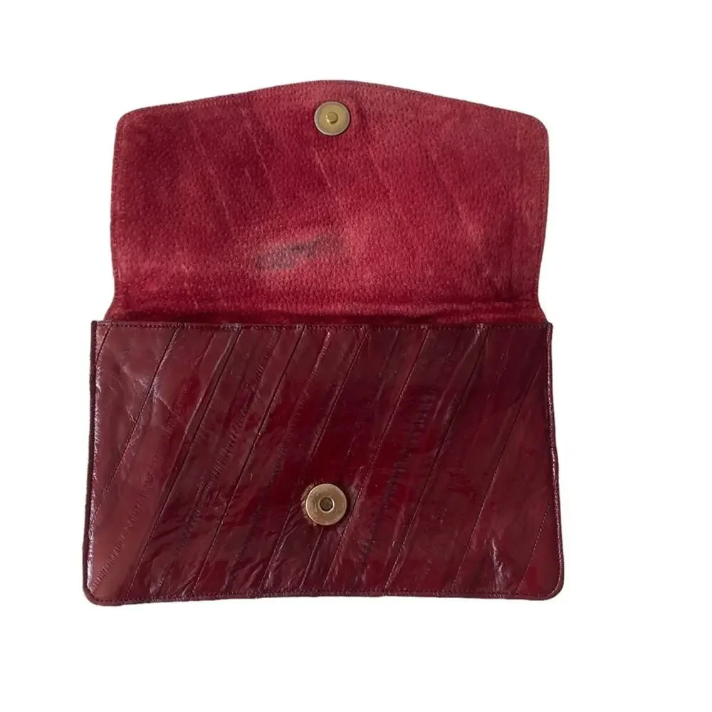 Vintage 1970s Eel Skin Clutch Bag Foldover Deep Red GUC